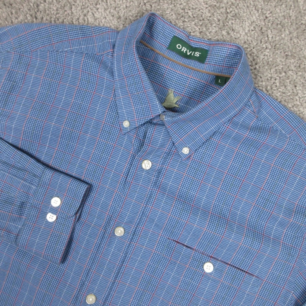 Orvis Shirt Mens Large Blue Plaid Country Twill Outdoor Work Pocket Button Up
